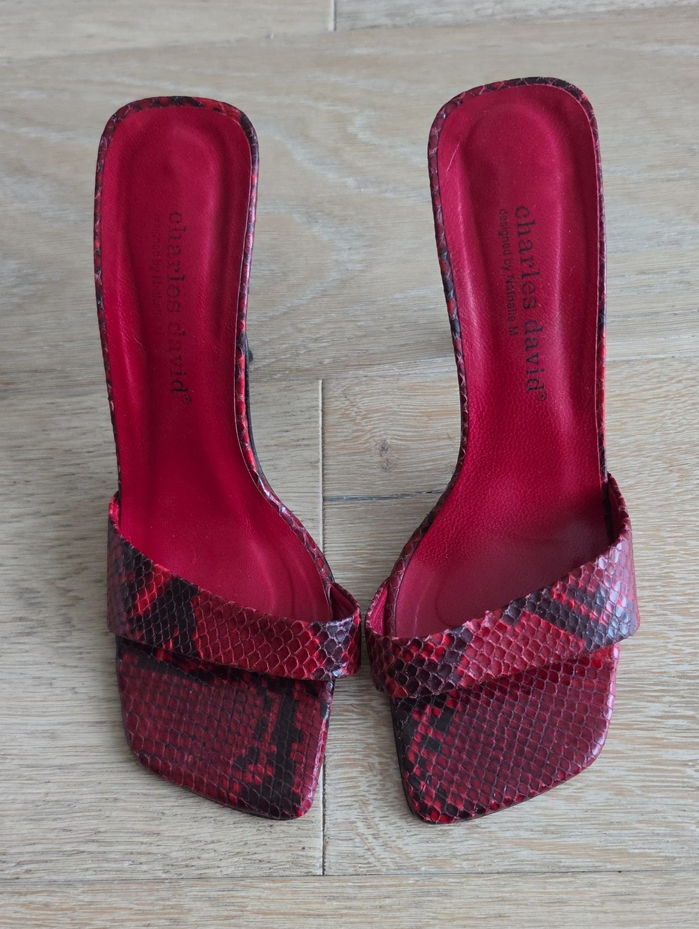 Charles David Designed By Nathalie M Red Snake-Embossed Open-Toe Heeled Sandals